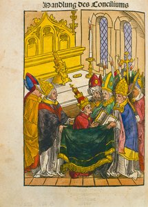 Martin V wordt geïnstalleerd als Paus op het Concilie van Konstanz, uit 
